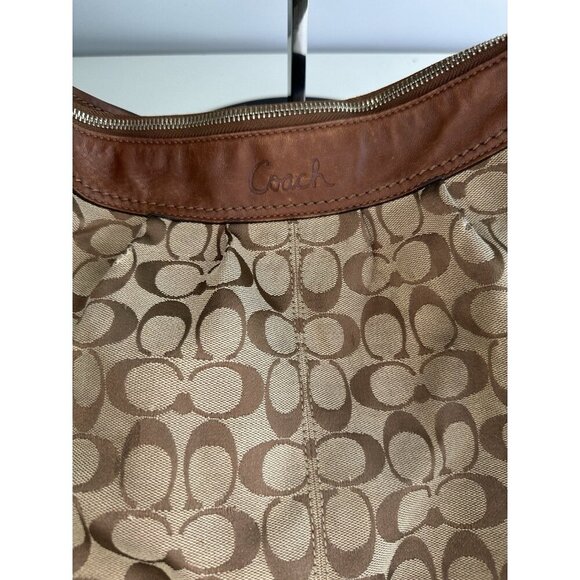WORN - COACH F13744 Brown Signature Ashley Shoulder Leather trim Hobo Bag - Picture 2 of 12